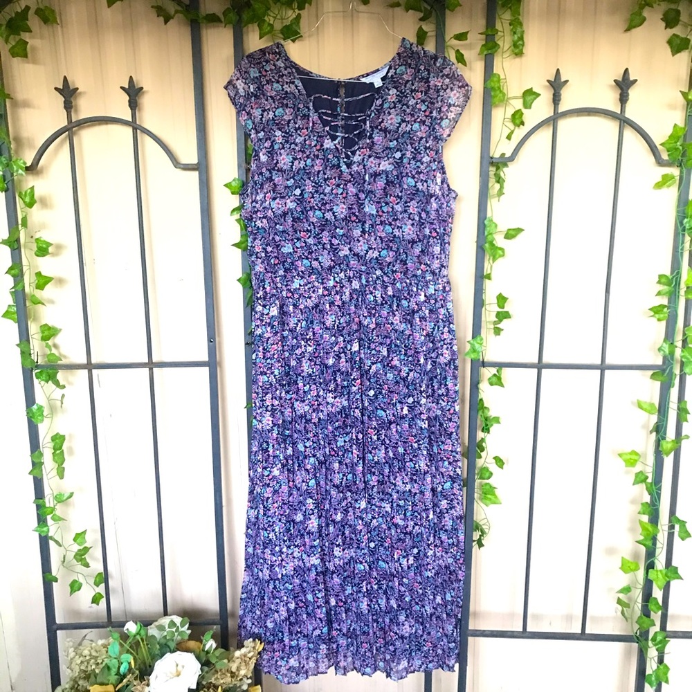 Boutique Maxi Dress 2X Purple Pink Floral Pleated